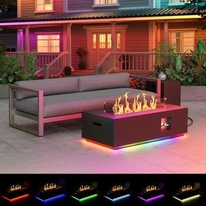 42 In. Propane Fire Pit Table, Gas Fire Pit Table with RGB LED Light, Lid and Blue Stone