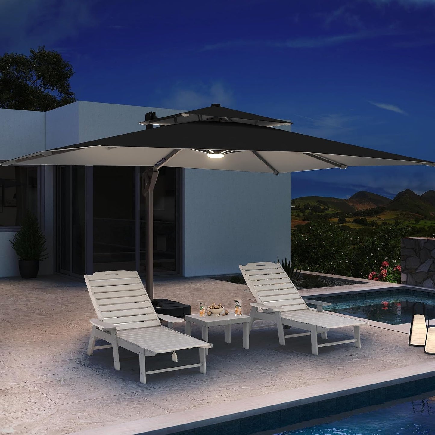 10 X 13 FT Cantilever Patio Umbrella Outdoor with Led Lights | Heavy Duty Aluminum Frame, Waterproof Fabric, 2-Tier Canopy, 360 Degree Rotation, 7-Tilt, for Pool Deck Backyard, Black