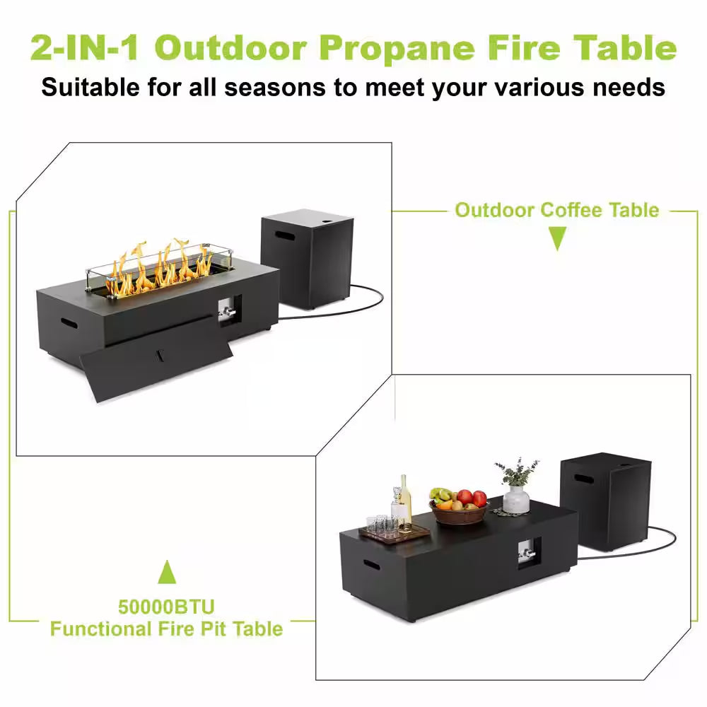 42 In. Propane Fire Pit Table, Gas Fire Pit Table with RGB LED Light, Lid and Blue Stone