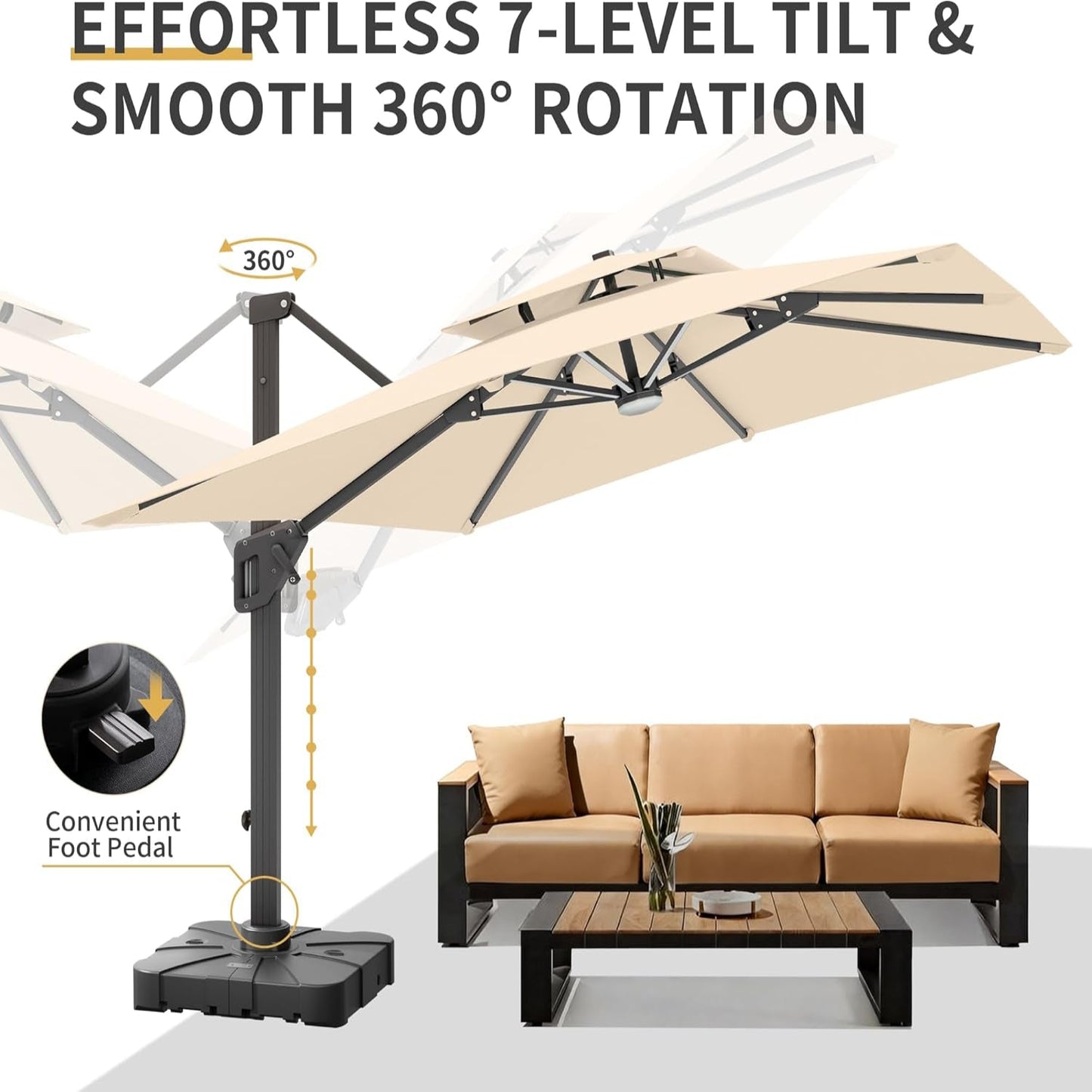 10 X 13 FT Cantilever Patio Umbrella with Base & Lights | Outdoor Aluminum Frame Umbrllas, Waterproof & Uv-Resistant Fabric, 360°Rotation, for Pool Deck Backyard, Beige