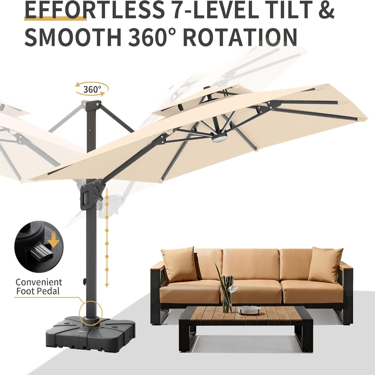 10 X 13 FT Cantilever Patio Umbrella with Base & Lights | Outdoor Aluminum Frame Umbrllas, Waterproof & Uv-Resistant Fabric, 360°Rotation, for Pool Deck Backyard, Beige