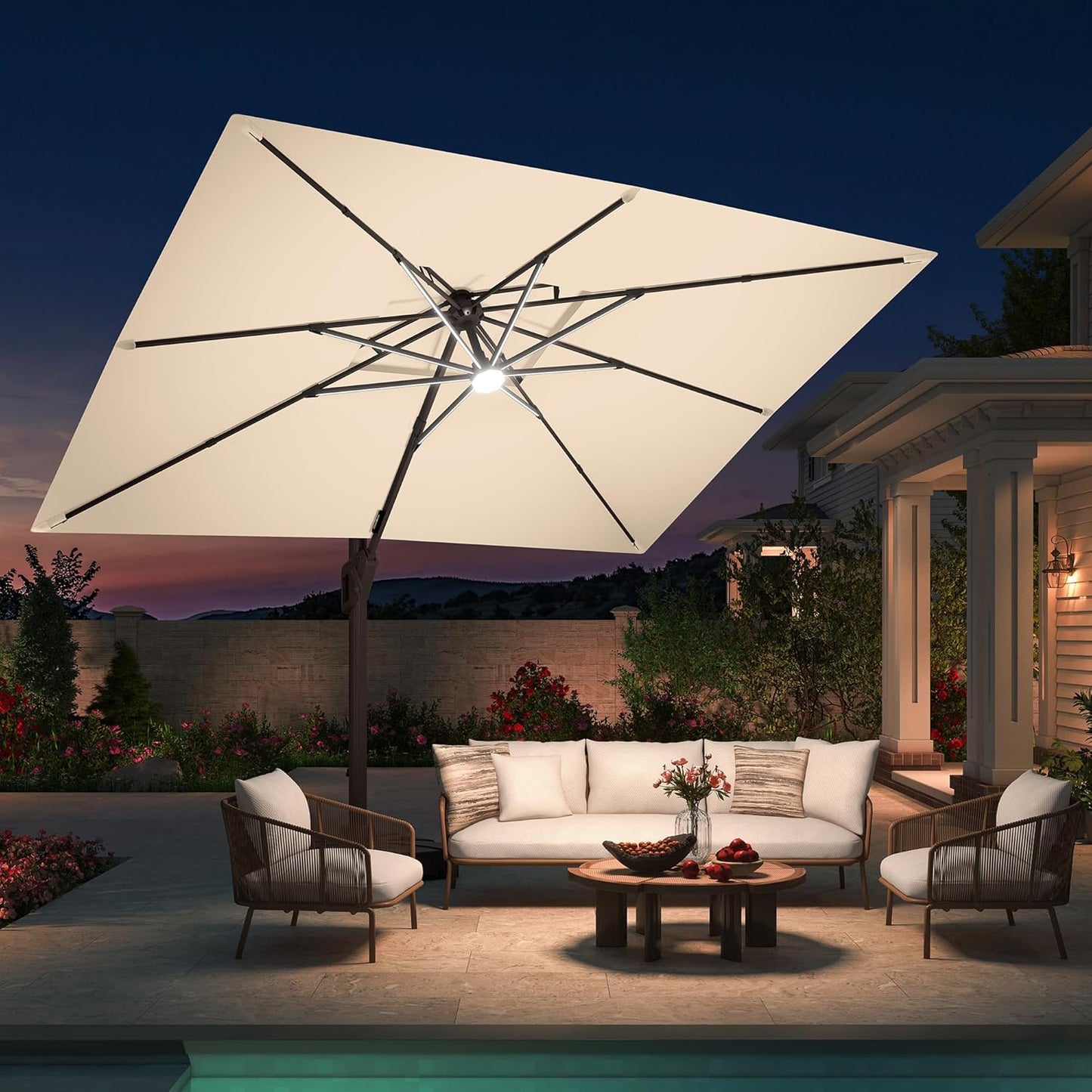 10 X 13 FT Cantilever Patio Umbrella with Base & Lights | Outdoor Aluminum Frame Umbrllas, Waterproof & Uv-Resistant Fabric, 360°Rotation, for Pool Deck Backyard, Beige