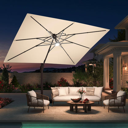 10 X 13 FT Cantilever Patio Umbrella with Base & Lights | Outdoor Aluminum Frame Umbrllas, Waterproof & Uv-Resistant Fabric, 360°Rotation, for Pool Deck Backyard, Beige