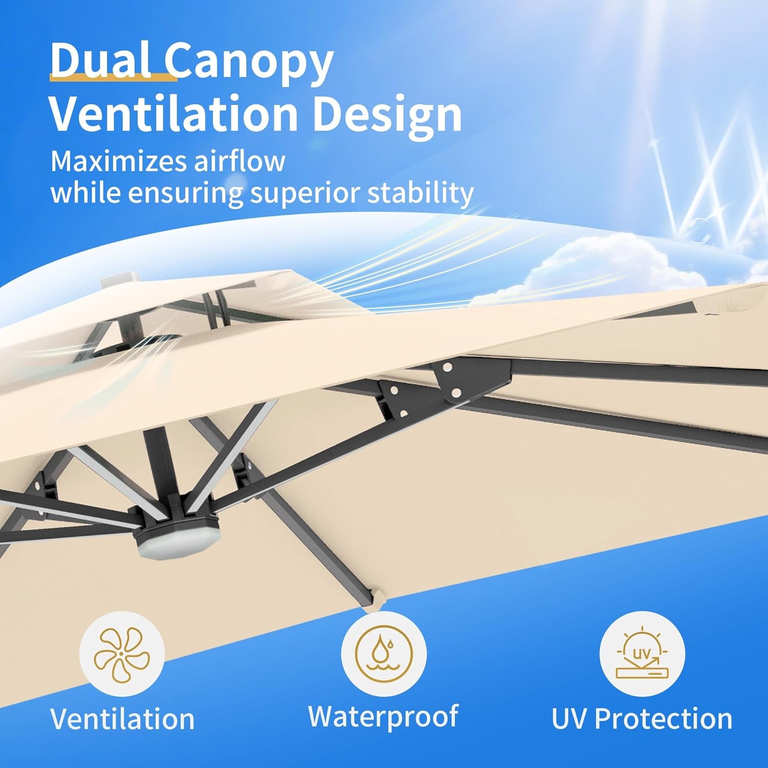 10 X 13 FT Cantilever Patio Umbrella with Base & Lights | Outdoor Aluminum Frame Umbrllas, Waterproof & Uv-Resistant Fabric, 360°Rotation, for Pool Deck Backyard, Beige
