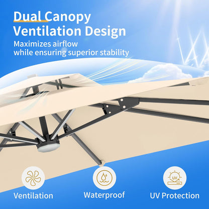 10 X 13 FT Cantilever Patio Umbrella with Base & Lights | Outdoor Aluminum Frame Umbrllas, Waterproof & Uv-Resistant Fabric, 360°Rotation, for Pool Deck Backyard, Beige