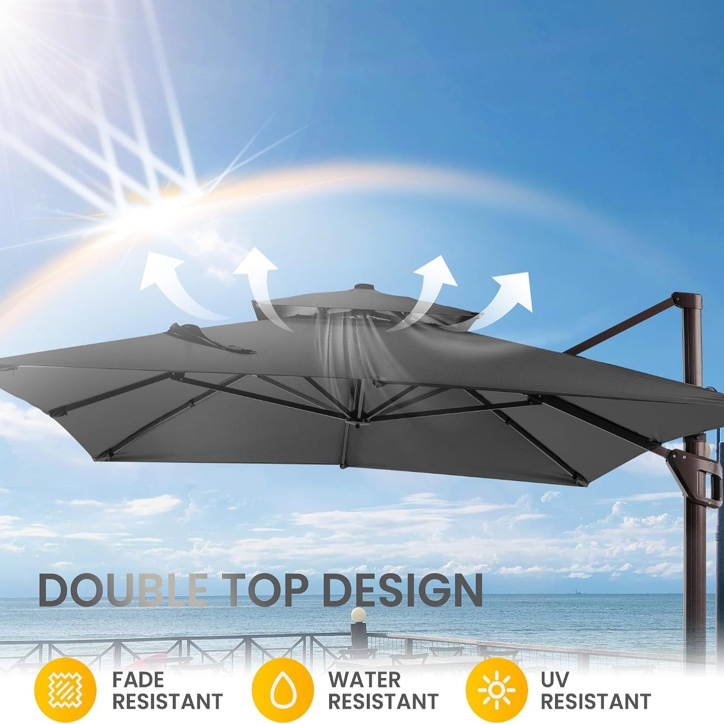 10 X 13 FT Cantilever Patio Umbrella Outdoor with Led Lights | Heavy Duty Aluminum Frame, Waterproof Fabric, 2-Tier Canopy, 360 Degree Rotation, 7-Tilt, for Pool Deck Backyard, Grey