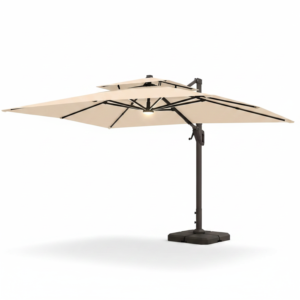 10 X 13 FT Cantilever Patio Umbrella with Base & Lights | Outdoor Aluminum Frame Umbrllas, Waterproof & Uv-Resistant Fabric, 360°Rotation, for Pool Deck Backyard, Beige
