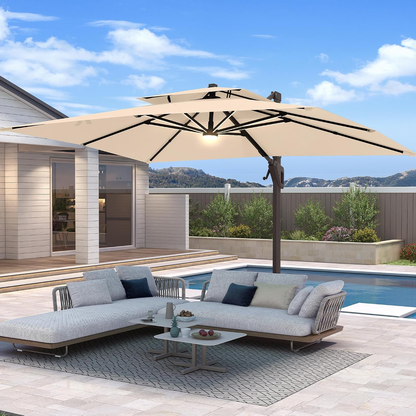 10 X 13 FT Cantilever Patio Umbrella with Base & Lights | Outdoor Aluminum Frame Umbrllas, Waterproof & Uv-Resistant Fabric, 360°Rotation, for Pool Deck Backyard, Beige