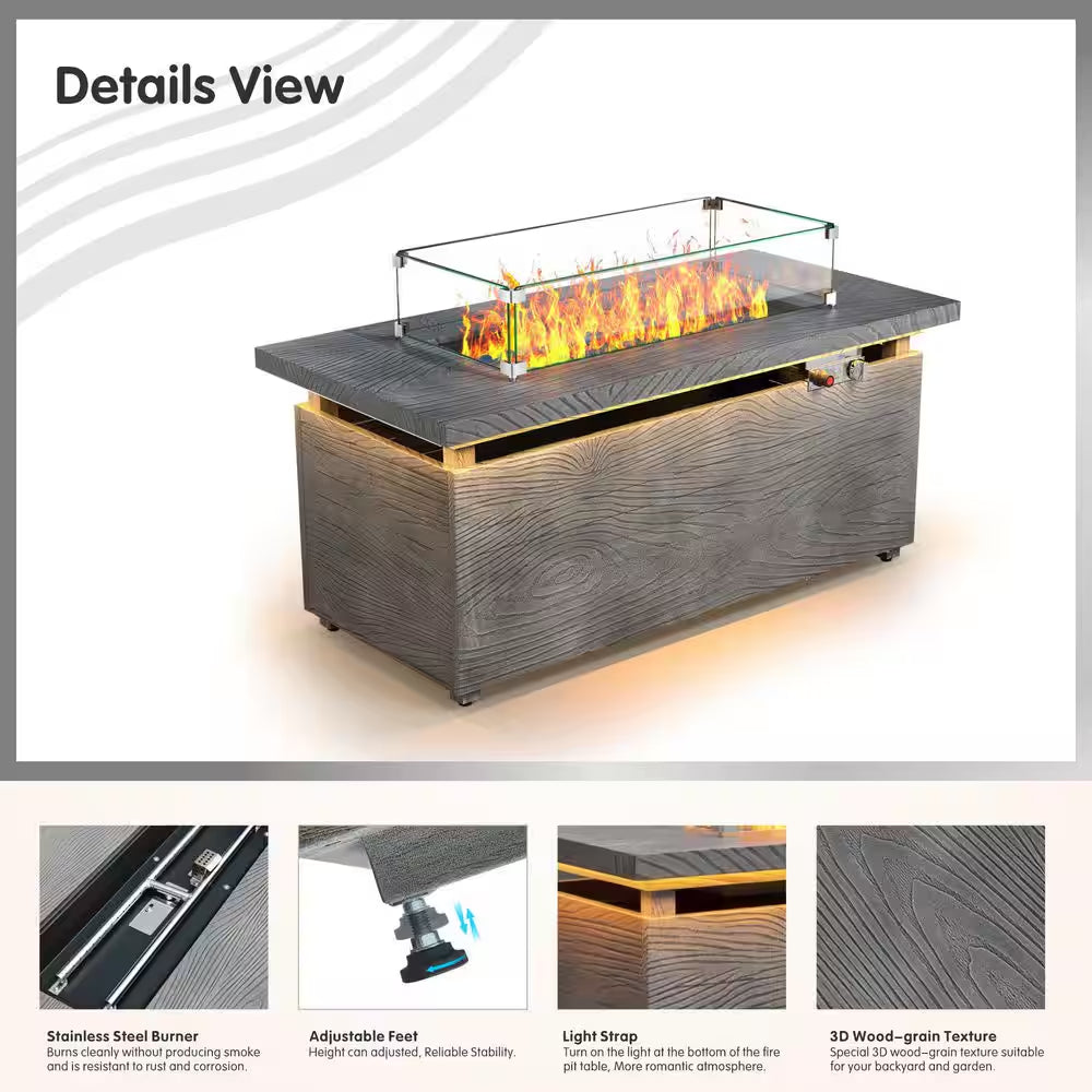 50000 BTU Rectangular Fire Pit Table with Golden Led Light Metal Table Top Outdoor Propane Fire Pit Table