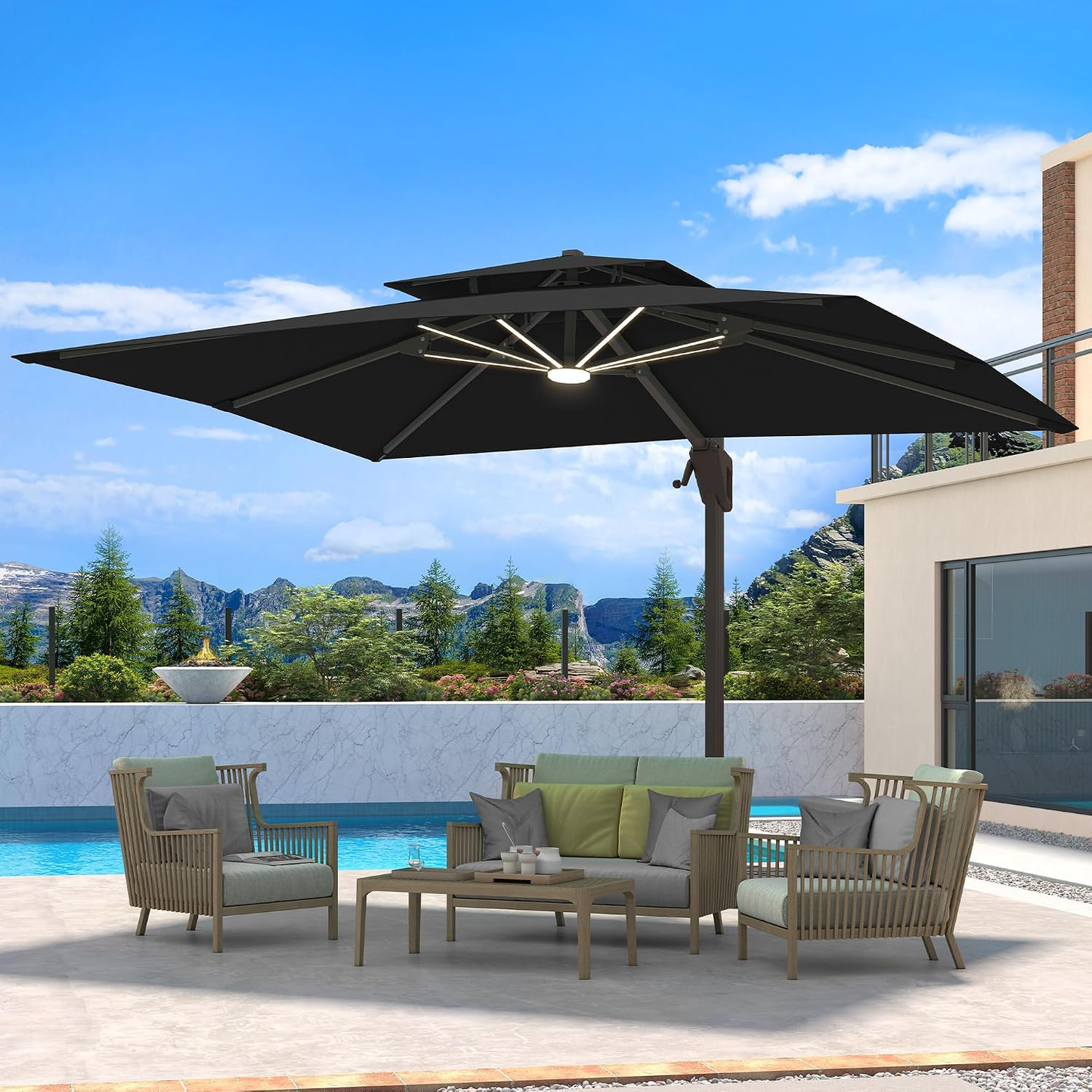 10 X 13 FT Cantilever Patio Umbrella Outdoor with Led Lights | Heavy Duty Aluminum Frame, Waterproof Fabric, 2-Tier Canopy, 360 Degree Rotation, 7-Tilt, for Pool Deck Backyard, Black