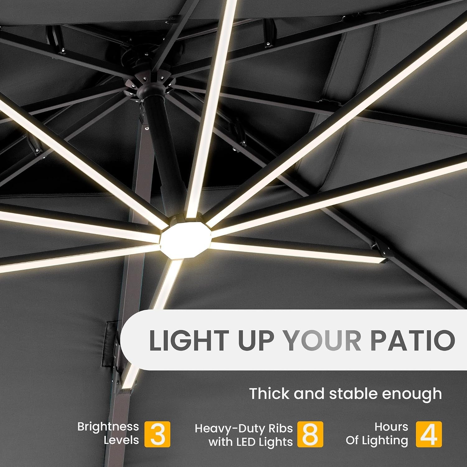 10 X 13 FT Cantilever Patio Umbrella Outdoor with Led Lights | Heavy Duty Aluminum Frame, Waterproof Fabric, 2-Tier Canopy, 360 Degree Rotation, 7-Tilt, for Pool Deck Backyard, Grey