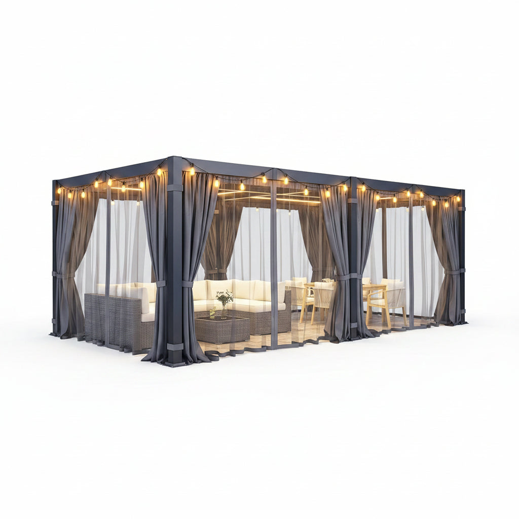12' X 20' Pergola with Curtain & Adjustable Roof & Aluminum Frame for Patio | Louvered Pergola, Patio Pergola with Netting & Gutter System, Outdoor Pergola, Hardtop Gazebo for Deck, Yard, Dark Gray