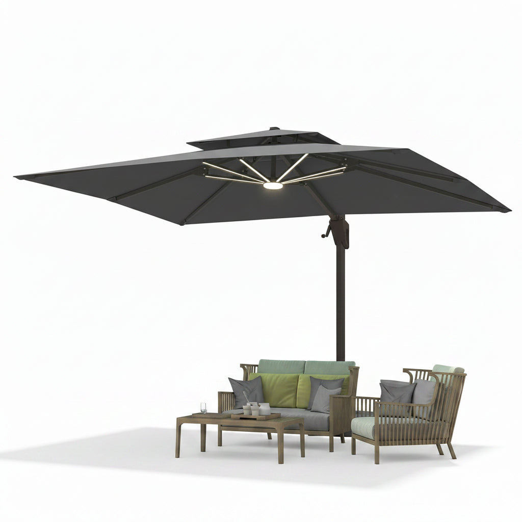10 X 13 FT Cantilever Patio Umbrella Outdoor with Led Lights | Heavy Duty Aluminum Frame, Waterproof Fabric, 2-Tier Canopy, 360 Degree Rotation, 7-Tilt, for Pool Deck Backyard, Grey