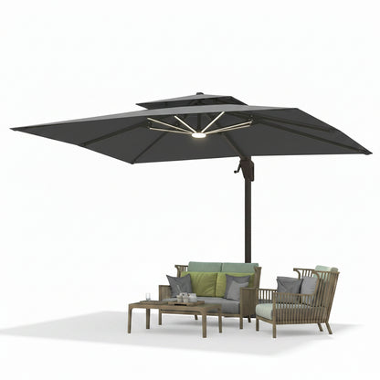 10 X 13 FT Cantilever Patio Umbrella Outdoor with Led Lights | Heavy Duty Aluminum Frame, Waterproof Fabric, 2-Tier Canopy, 360 Degree Rotation, 7-Tilt, for Pool Deck Backyard, Grey