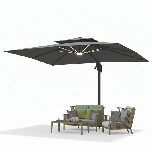 10 X 13 FT Cantilever Patio Umbrella Outdoor with Led Lights | Heavy Duty Aluminum Frame, Waterproof Fabric, 2-Tier Canopy, 360 Degree Rotation, 7-Tilt, for Pool Deck Backyard, Grey