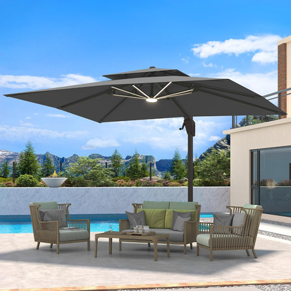 10 X 13 FT Cantilever Patio Umbrella Outdoor with Led Lights | Heavy Duty Aluminum Frame, Waterproof Fabric, 2-Tier Canopy, 360 Degree Rotation, 7-Tilt, for Pool Deck Backyard, Grey