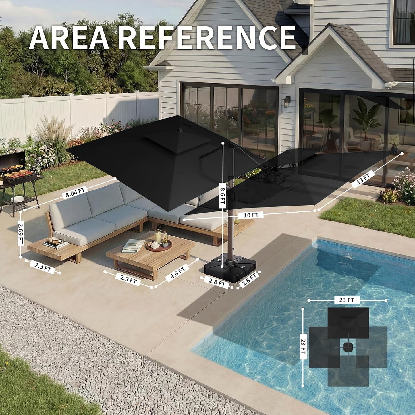10 X 13 FT Cantilever Patio Umbrella Outdoor with Led Lights | Heavy Duty Aluminum Frame, Waterproof Fabric, 2-Tier Canopy, 360 Degree Rotation, 7-Tilt, for Pool Deck Backyard, Black