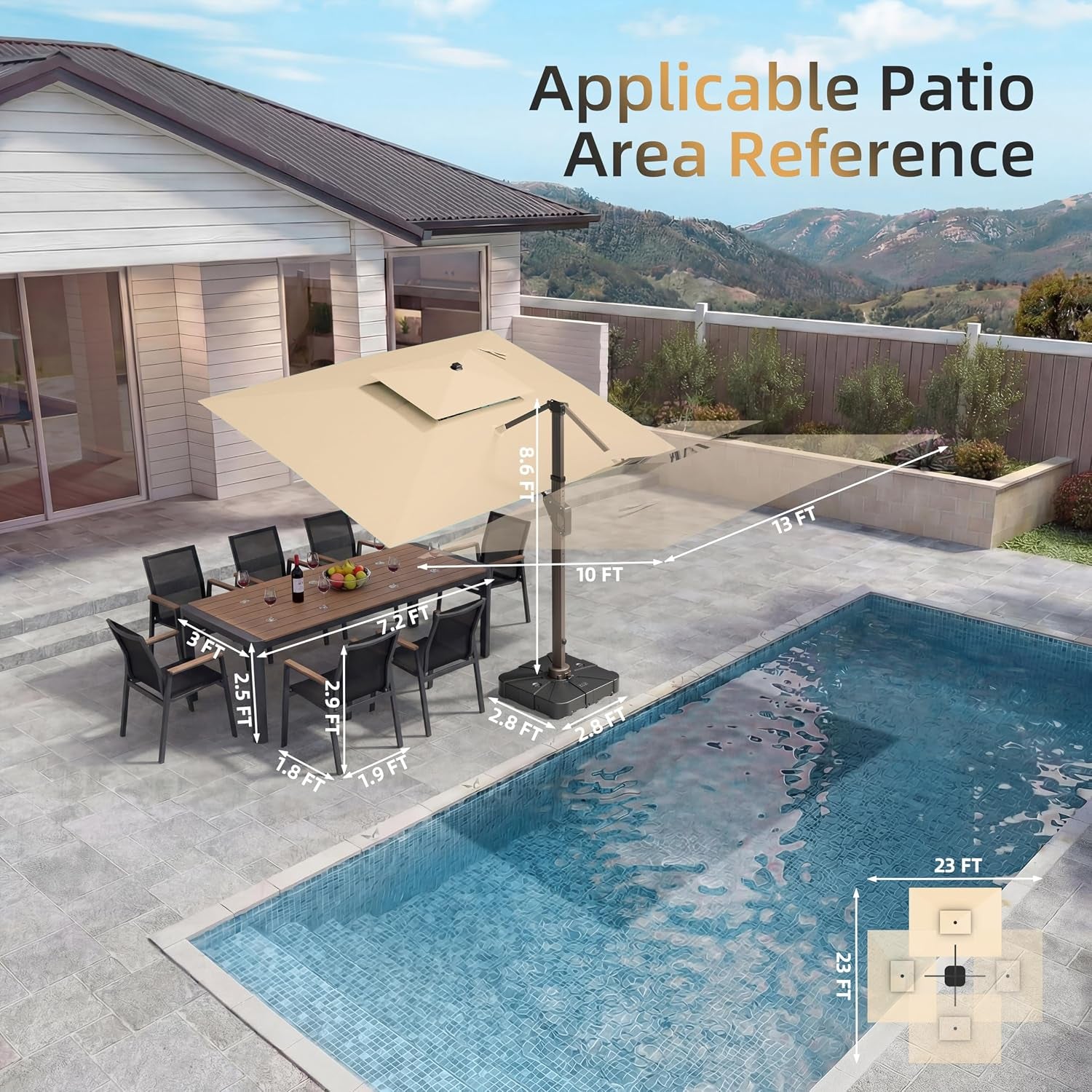 10 X 13 FT Cantilever Patio Umbrella with Base & Lights | Outdoor Aluminum Frame Umbrllas, Waterproof & Uv-Resistant Fabric, 360°Rotation, for Pool Deck Backyard, Beige