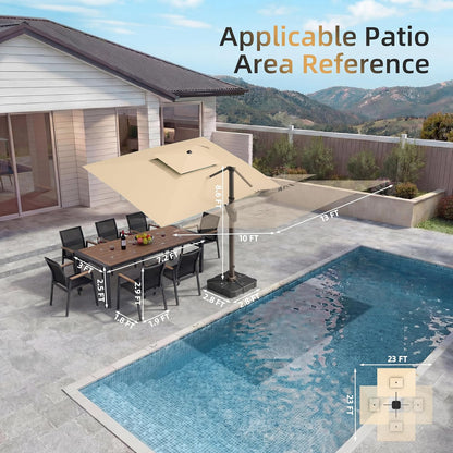 10 X 13 FT Cantilever Patio Umbrella with Base & Lights | Outdoor Aluminum Frame Umbrllas, Waterproof & Uv-Resistant Fabric, 360°Rotation, for Pool Deck Backyard, Beige