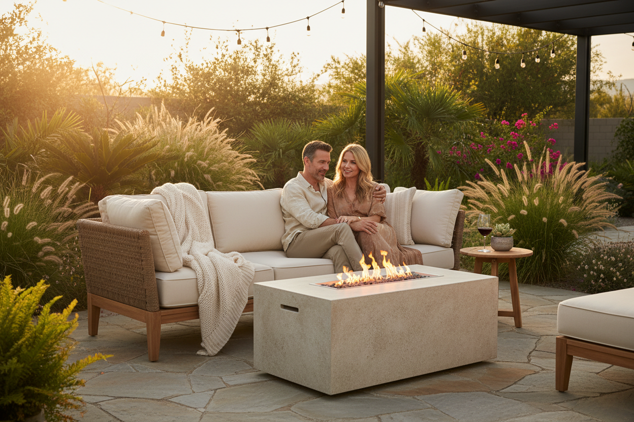 Couple relaxing on premium patio at golden hour