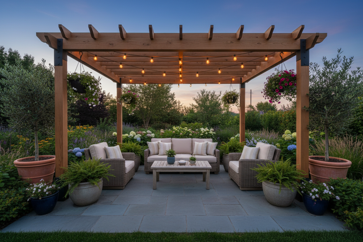 Curated outdoor living space at dusk