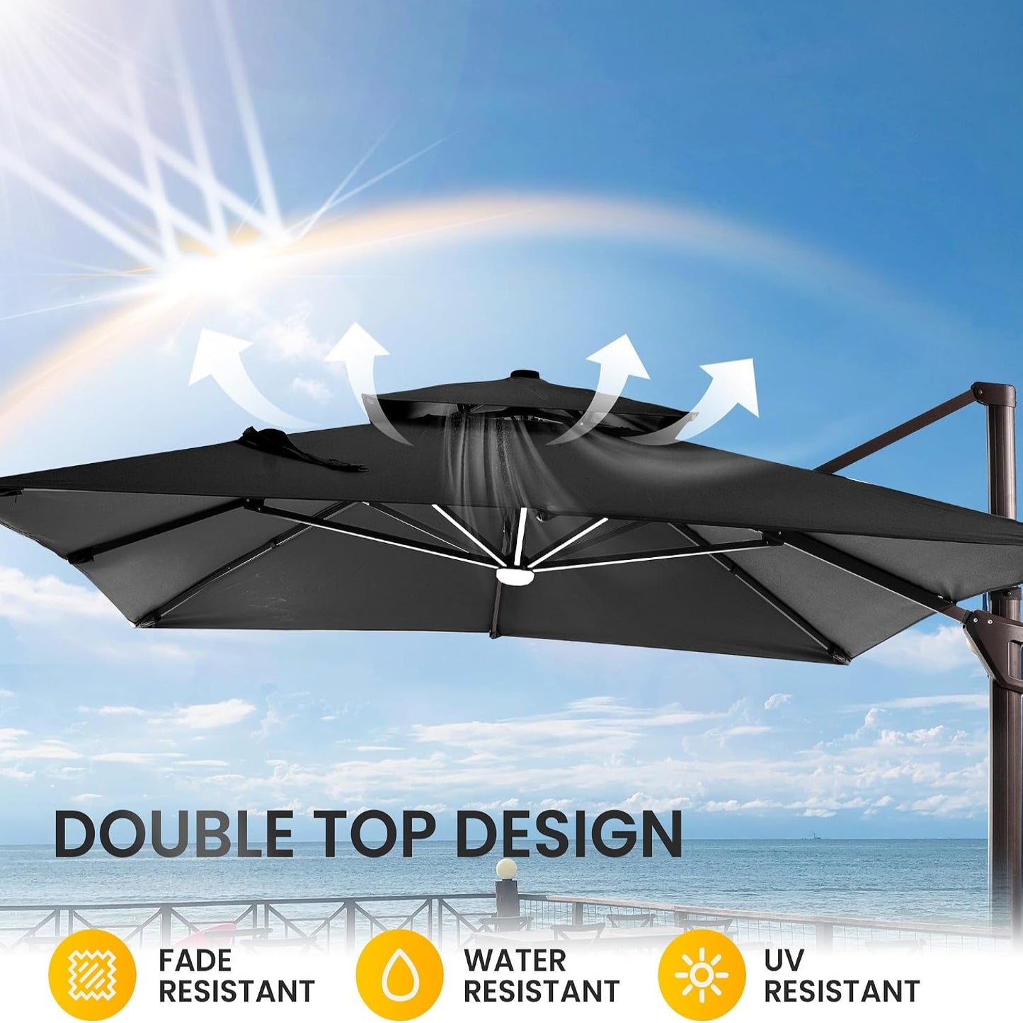 10 X 13 FT Cantilever Patio Umbrella Outdoor with Led Lights | Heavy Duty Aluminum Frame, Waterproof Fabric, 2-Tier Canopy, 360 Degree Rotation, 7-Tilt, for Pool Deck Backyard, Black